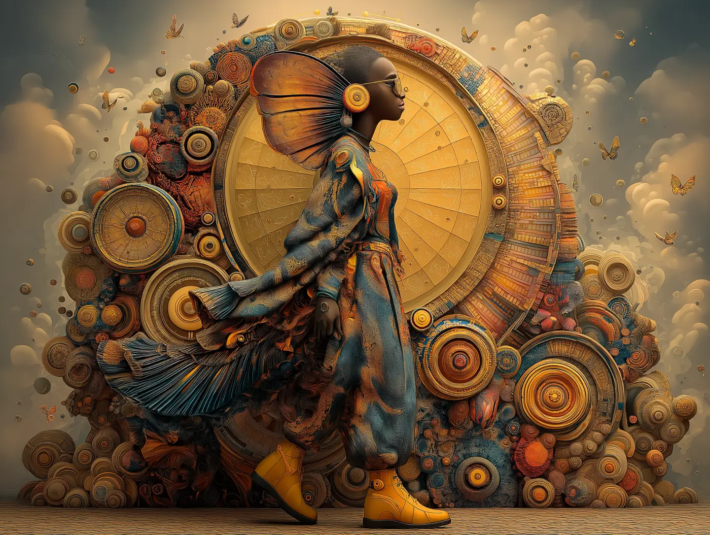 Afrofuturist figure in profile walking before a large circular ornamental structure with layered discs, warm metallic tones, and floating butterflies.