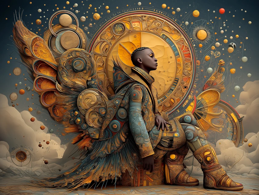 Afrofuturist figure seated in profile before a large circular celestial mechanism with wing-like forms, floating planets, and warm gold-blue tones.