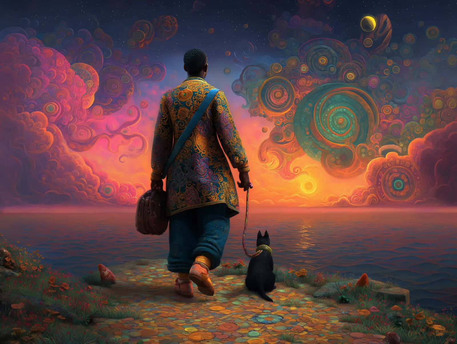 Afrofuturist figure walking toward a glowing horizon beside the sea with a black cat, under a vivid swirling sky of colorful cloud forms.