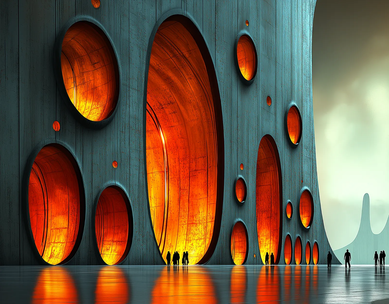 Monumental teal architectural wall with large glowing amber circular openings and small human figures at its base.