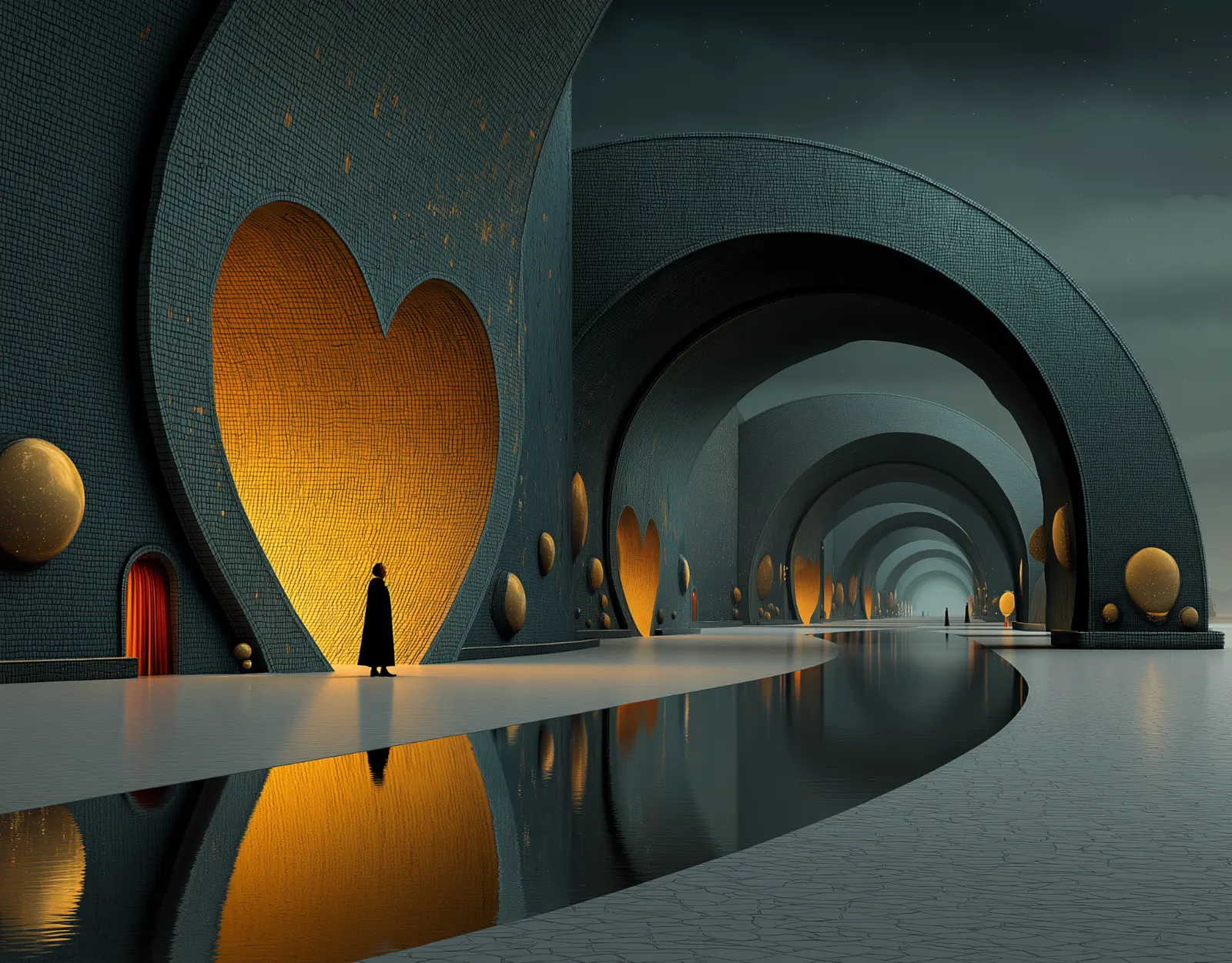 Monumental dark architectural corridor with glowing heart-shaped openings, sweeping arches, reflective water, and a solitary figure near the illuminated wall.
