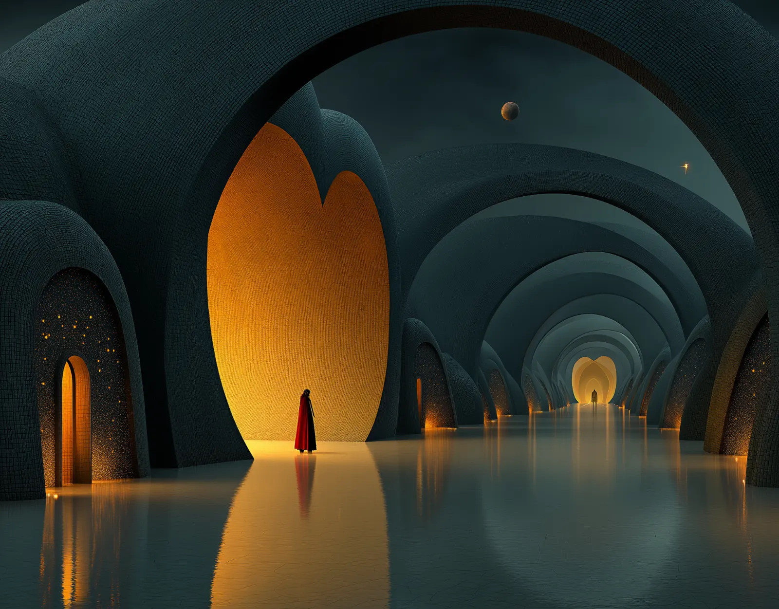 Monumental dark corridor with repeating arches and glowing heart-shaped chambers, featuring a solitary red-clad figure reflected on the polished floor.