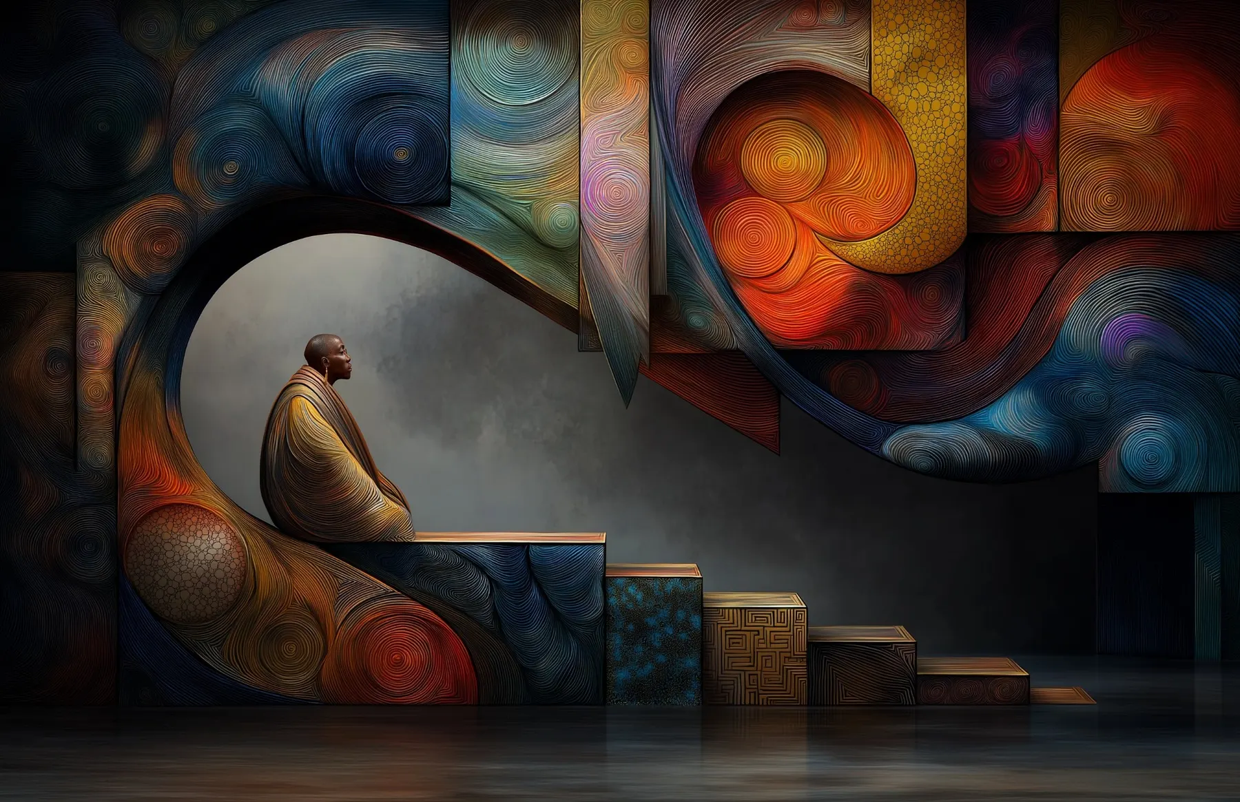 Afrofuturist figure seated in profile within a dark abstract interior of swirling blue, red, gold, and amber forms above stepped platforms.